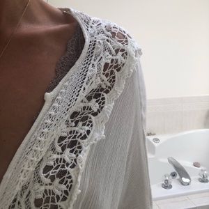 Linen and white lace beach cover up